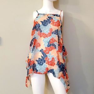 BCBGeneration geometric print sleeveless blouse, M, red & blue, spaghetti straps